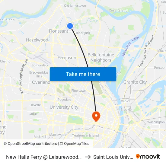 New Halls Ferry @ Leisurewood Court Sb to Saint Louis University map