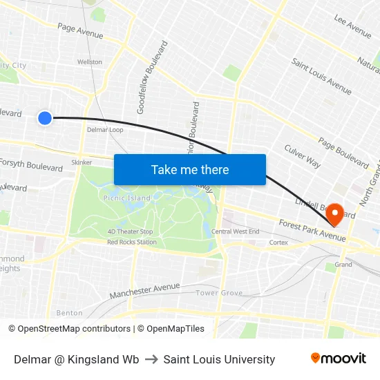 Delmar @ Kingsland Wb to Saint Louis University map