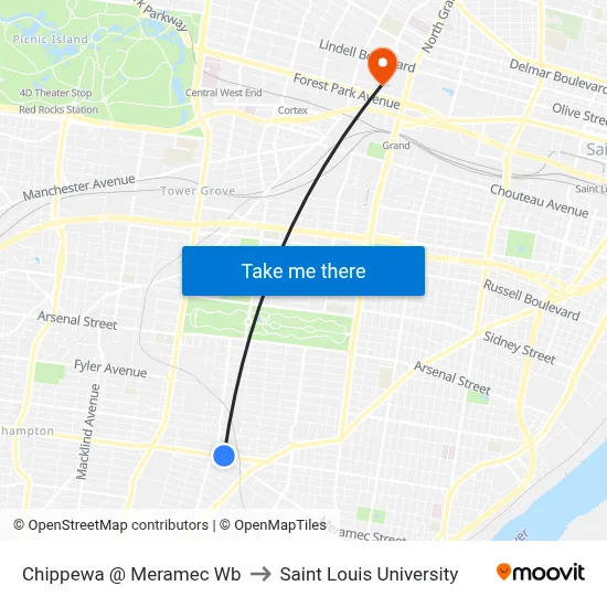 Chippewa @ Meramec Wb to Saint Louis University map