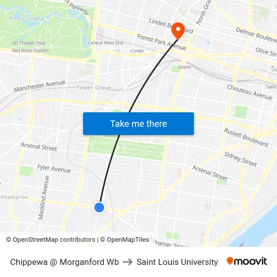 Chippewa @ Morganford Wb to Saint Louis University map