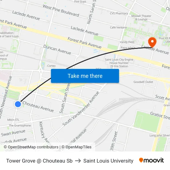 Tower Grove @ Chouteau Sb to Saint Louis University map