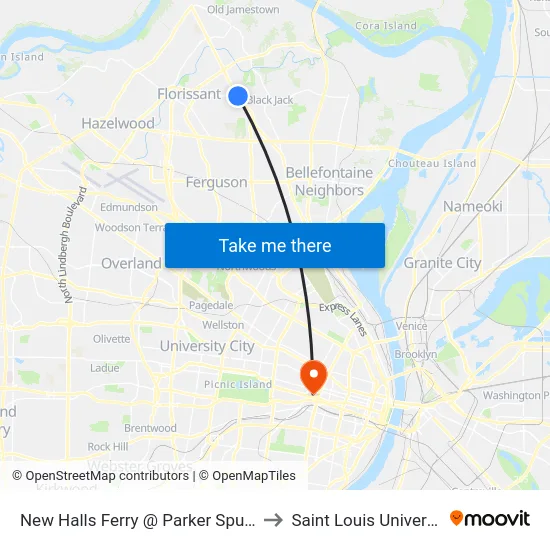 New Halls Ferry @ Parker Spur Sb to Saint Louis University map