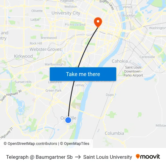 Telegraph @ Baumgartner Sb to Saint Louis University map
