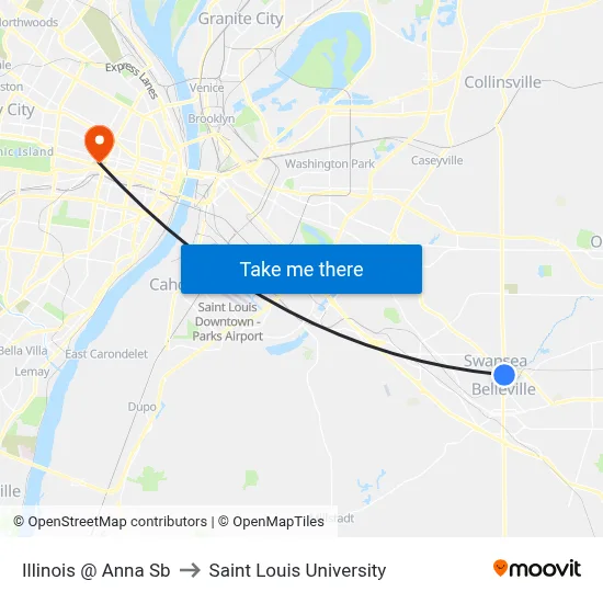 Illinois @ Anna Sb to Saint Louis University map