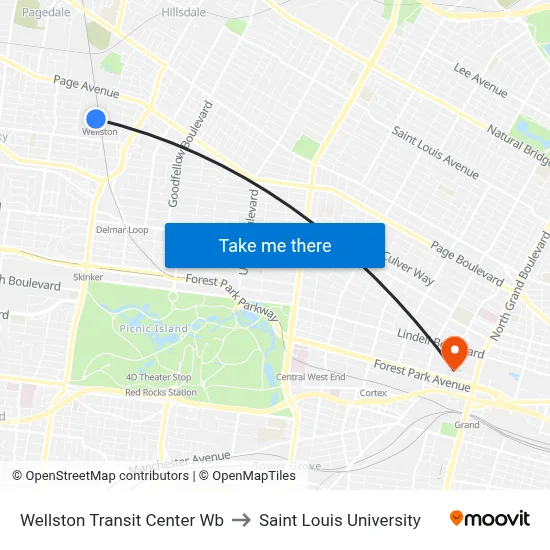Wellston Transit Center Wb to Saint Louis University map