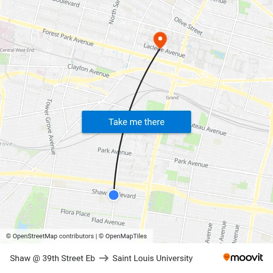 Shaw @ 39th Street Eb to Saint Louis University map