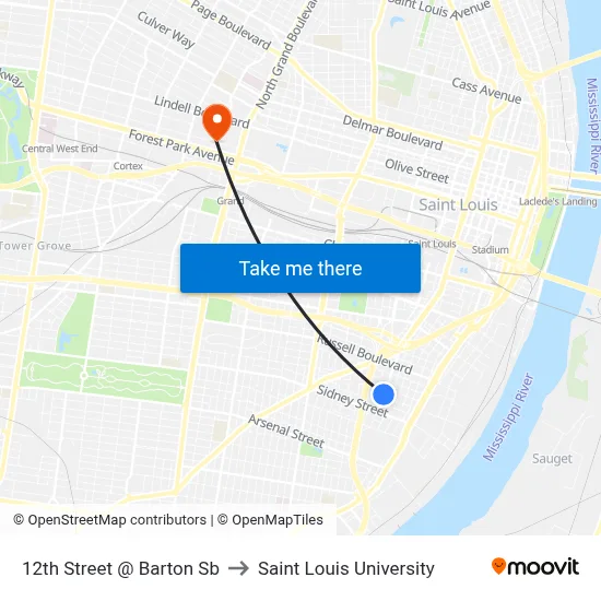 12th Street @ Barton Sb to Saint Louis University map