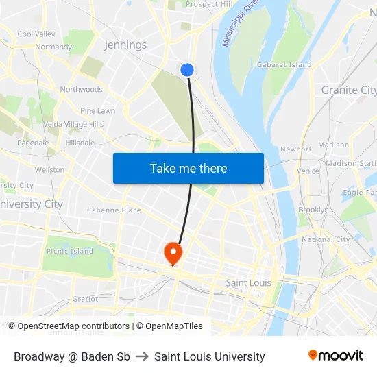 Broadway @ Baden Sb to Saint Louis University map