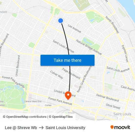 Lee @ Shreve Wb to Saint Louis University map