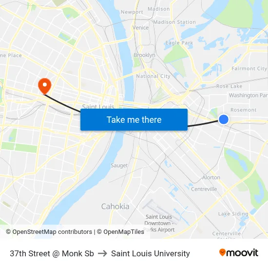 37th Street @ Monk Sb to Saint Louis University map