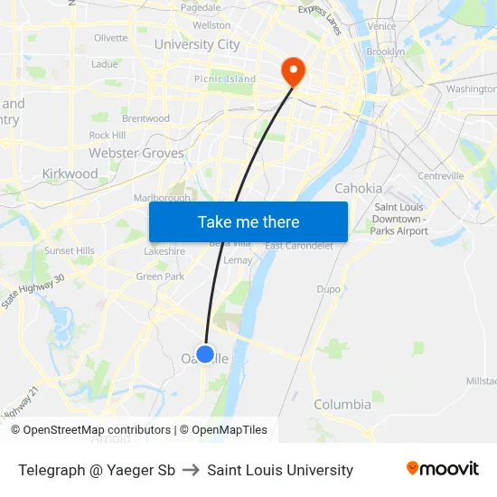 Telegraph @ Yaeger Sb to Saint Louis University map
