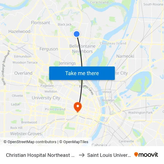 Christian Hospital Northeast Loop to Saint Louis University map