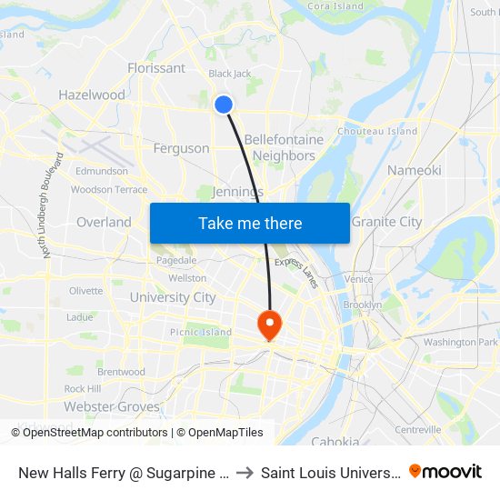 New Halls Ferry @ Sugarpine Sb to Saint Louis University map