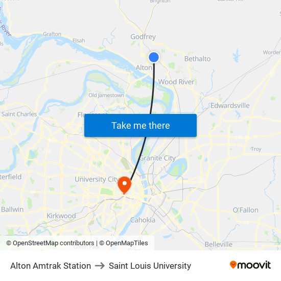 Alton Amtrak Station to Saint Louis University map