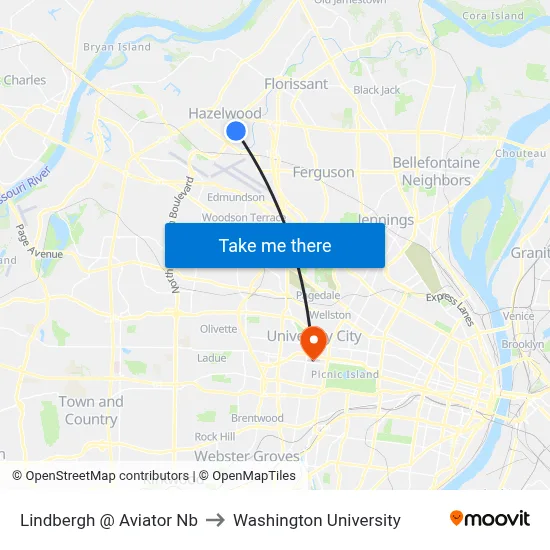 Lindbergh @ Aviator Nb to Washington University map