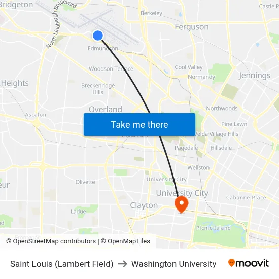 Saint Louis (Lambert Field) to Washington University map