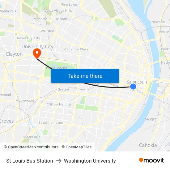 St Louis Bus Station to Washington University map