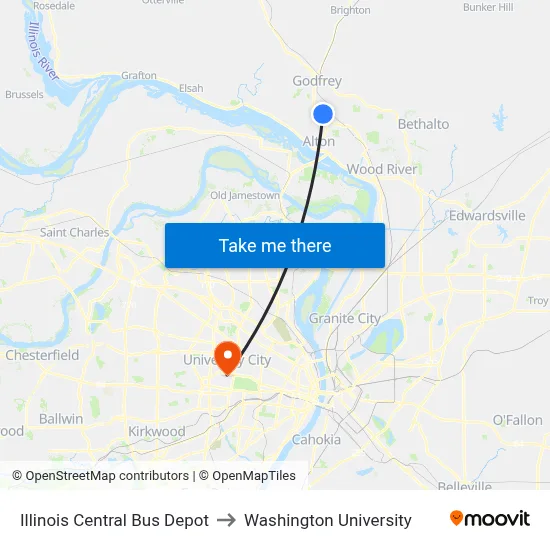 Illinois Central Bus Depot to Washington University map