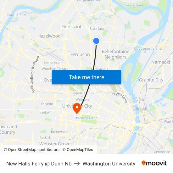 New Halls Ferry @ Dunn Nb to Washington University map