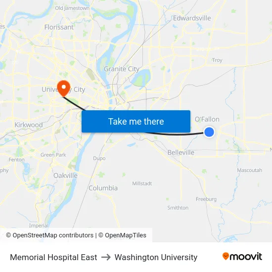 Memorial Hospital East to Washington University map