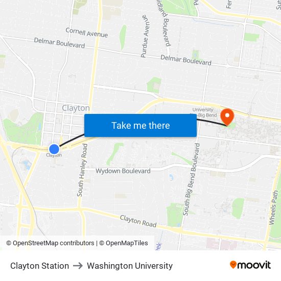 Clayton Station to Washington University map