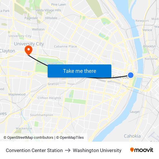 Convention Center Station to Washington University map