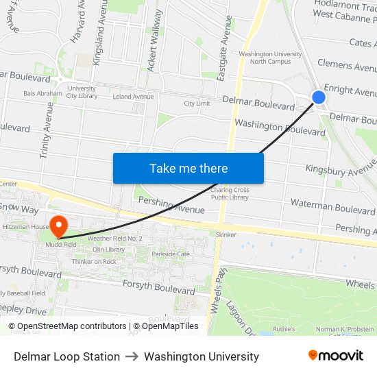 Delmar Loop Station to Washington University map