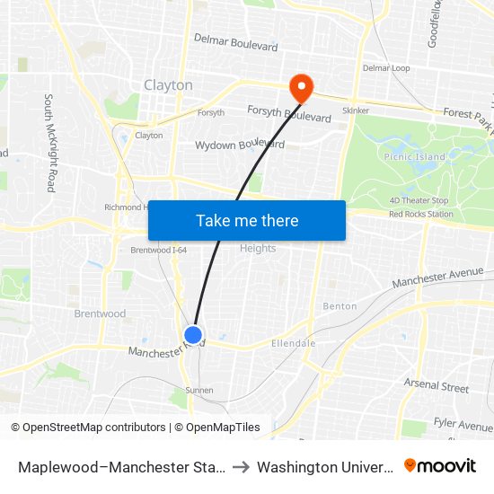 Maplewood–Manchester Station to Washington University map