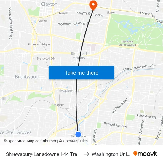 Shrewsbury-Lansdowne I-44 Transit Center to Washington University map