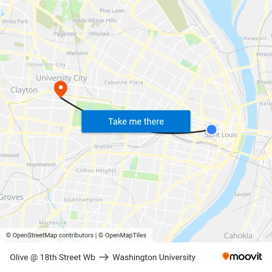 Olive @ 18th Street Wb to Washington University map