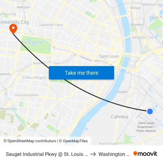Sauget Industrial Pkwy @ St. Louis Downtown Airport Eb to Washington University map
