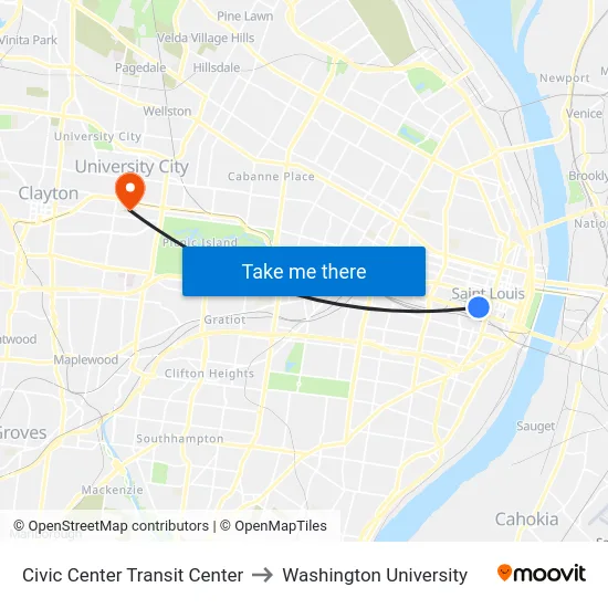 Civic Center Transit Center to Washington University map