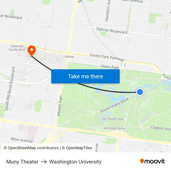 Muny Theater to Washington University map