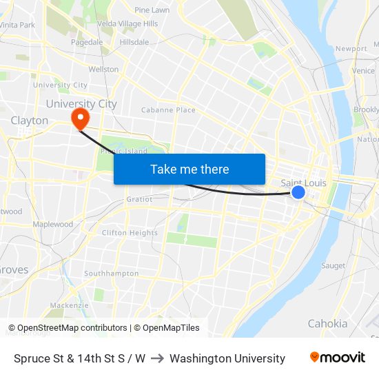 Spruce St & 14th St S / W to Washington University map