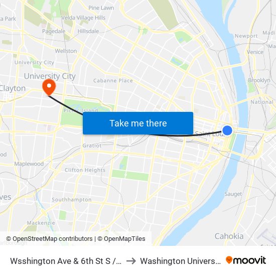 Wsshington Ave & 6th St S / W to Washington University map