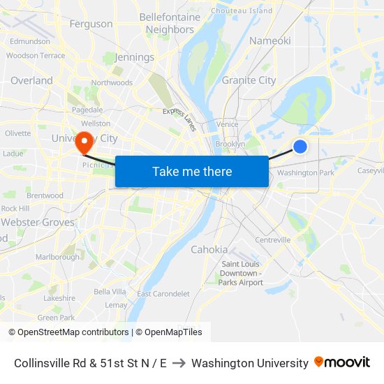 Collinsville Rd & 51st St N / E to Washington University map