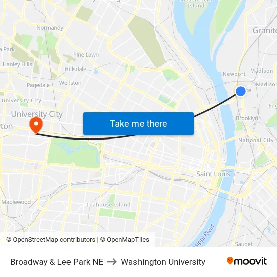 Broadway & Lee Park NE to Washington University map