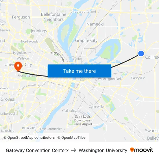 Gateway Convention Centerx to Washington University map