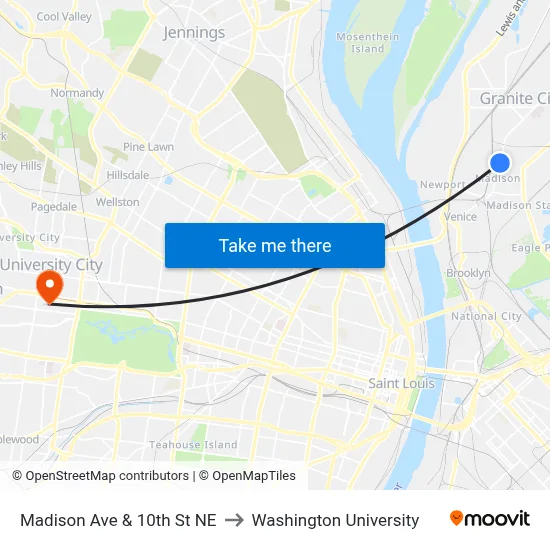 Madison Ave & 10th St NE to Washington University map
