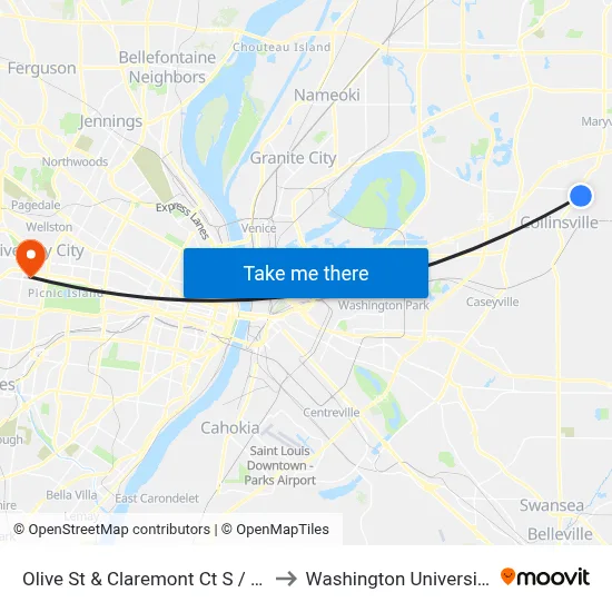 Olive St & Claremont Ct S / W to Washington University map