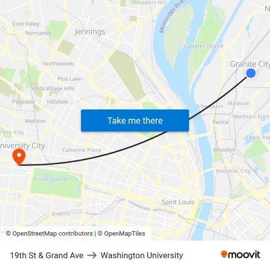 19th St & Grand Ave to Washington University map
