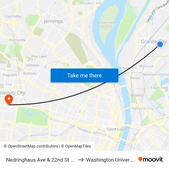 Nedringhaus Ave & 22nd St SW to Washington University map