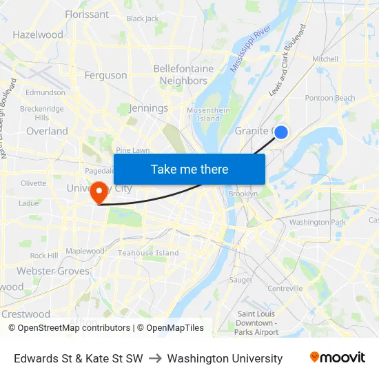 Edwards St & Kate St SW to Washington University map