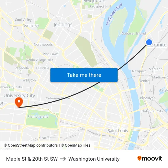 Maple St & 20th St SW to Washington University map