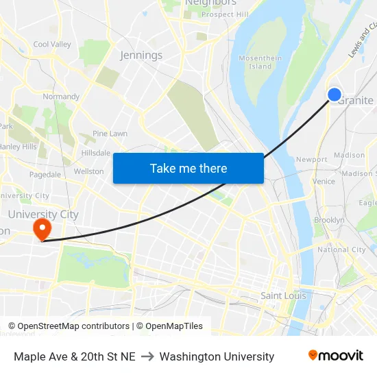 Maple Ave & 20th St NE to Washington University map