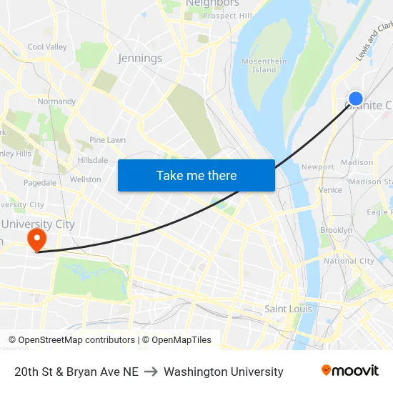20th St & Bryan Ave NE to Washington University map