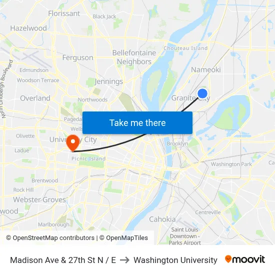 Madison Ave & 27th St N / E to Washington University map