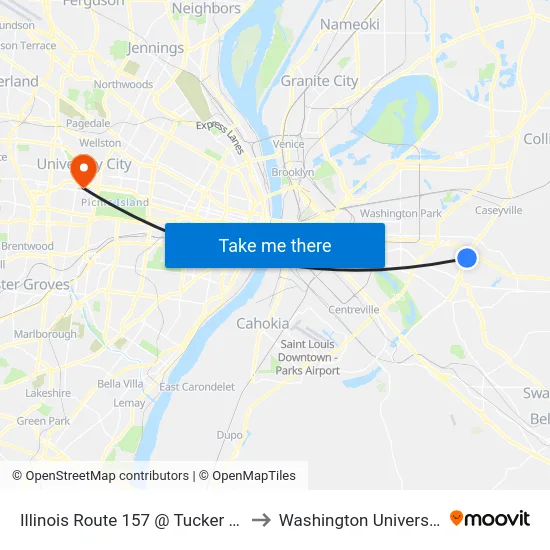 Illinois Route 157 @ Tucker Nb to Washington University map
