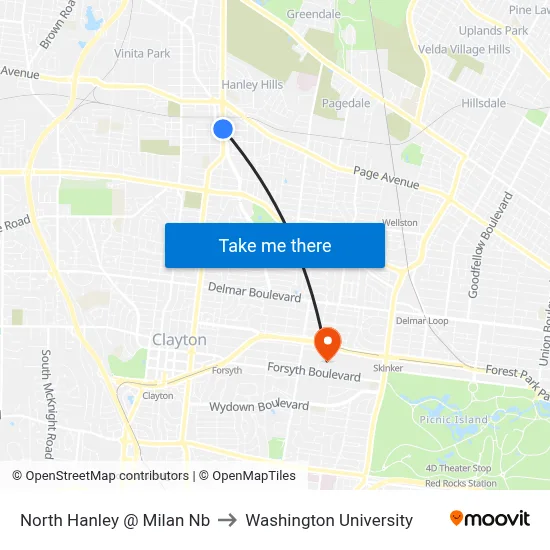 North Hanley @ Milan Nb to Washington University map