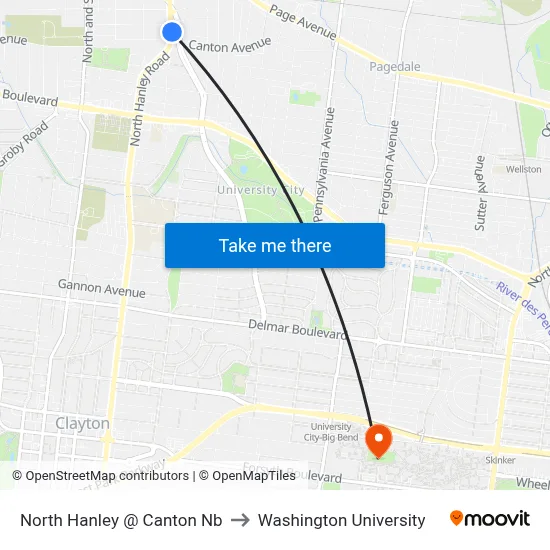 North Hanley @ Canton Nb to Washington University map